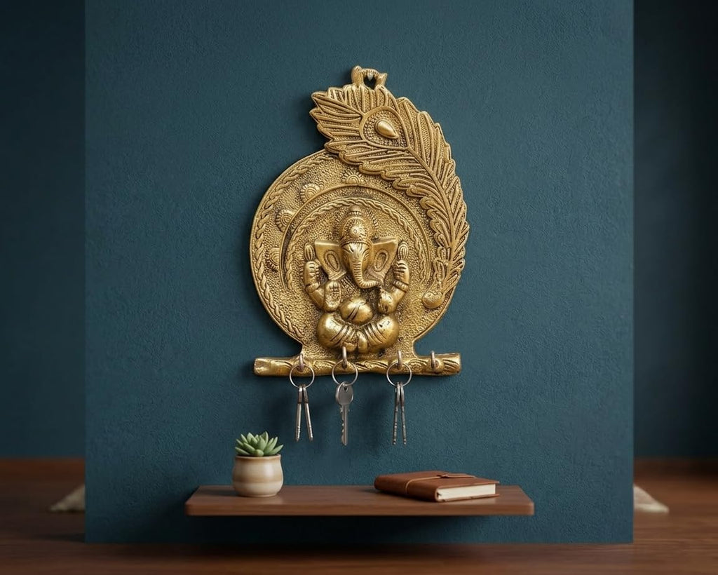 KridayKraft Aluminium Ganesha Pankhi Key Holder, Decorative Wall Mounted Key Hanger for Home & Office Entrance, Gold Finish, 18 cm x 14 cm