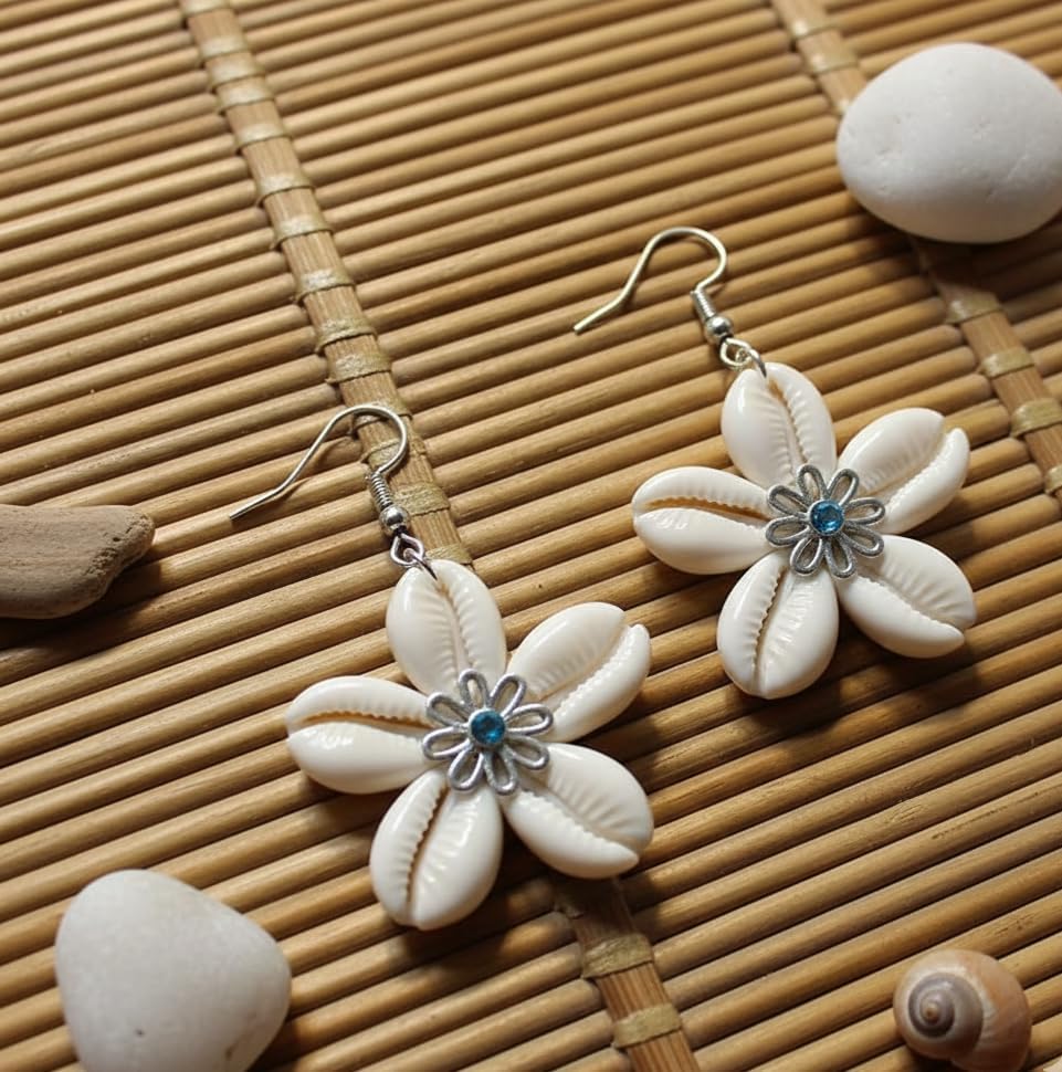 Handmade Sea Shell Flower Earrings Unique Boho Beach Jewellery Antique Aesthetic Cowrie Shell White Kodi Bohemian Floral Earrings For Women And Girls