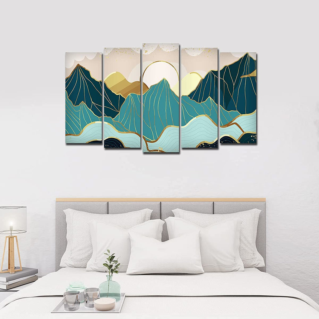 VIBECRAFTS Abstract Mountains with Sunrise Background 5 Pieces Canvas Wall Painting For Home|Office|Living Room|Gift (PTVC5Pcs2_6503)