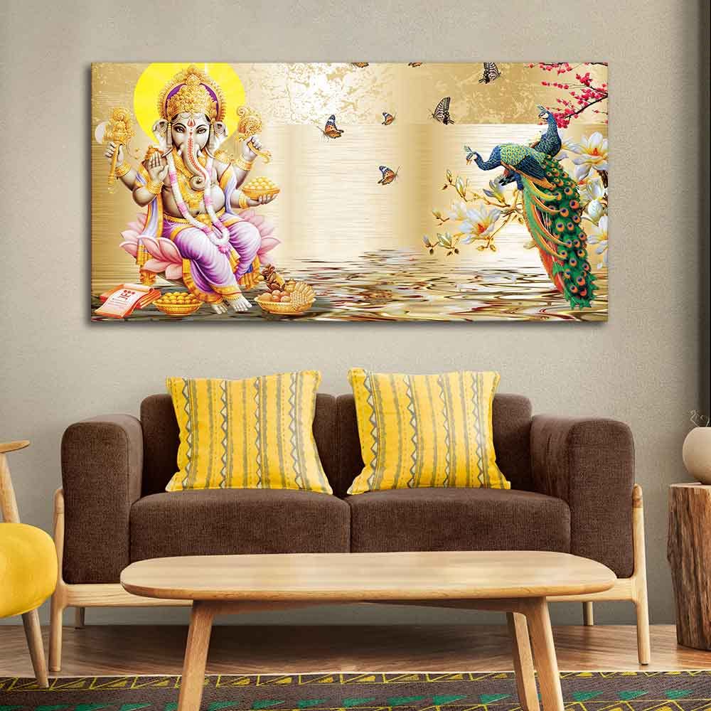 VIBECRAFTS Canvas Paintings for Living Room Drawing Room Ganesha And Peacocks Canvas Wall Painting Fitted With Wooden Frame For Home | Office | Living Room | Gifts (PTVCH_2567)