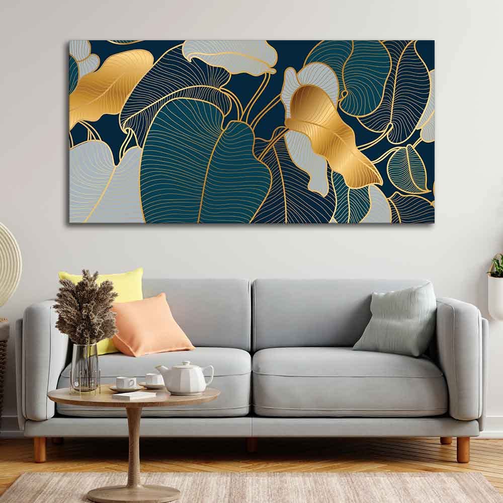 VIBECRAFTS Canvas Paintings for Living Room Drawing Room Luxury Golden Art Monstera Leaves Canvas Wall Painting Fitted With Wooden Frame For Home | Office | Living Room | Gifts (PTVCH_2508NV)