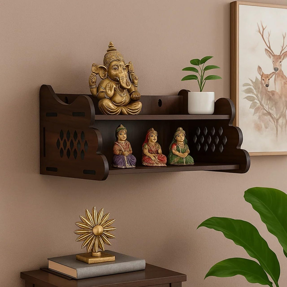HOMEWEY DECOR Handcrafted Wooden Home Temple for Wall Mount | Premium Pooja Mandir with Strong Support for Heavy Idols | Luxurious Finish Wooden Mandir for Home Office and Prayer Room (Style-02)