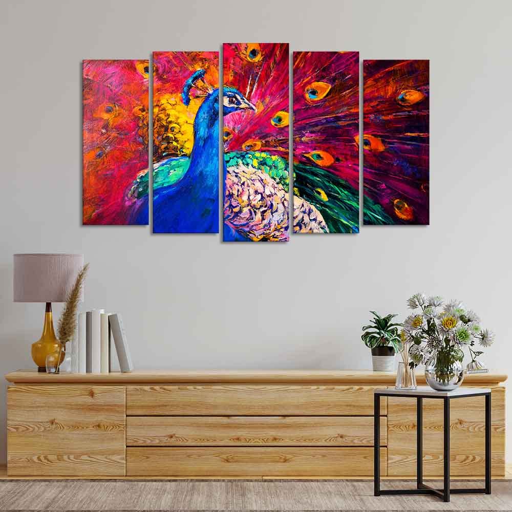 VIBECRAFTS Beautiful Peacock Canvas Wall Painting of Five Pieces For Home|Office|Living Room|Gift (PTVC5Pcs2_6524)