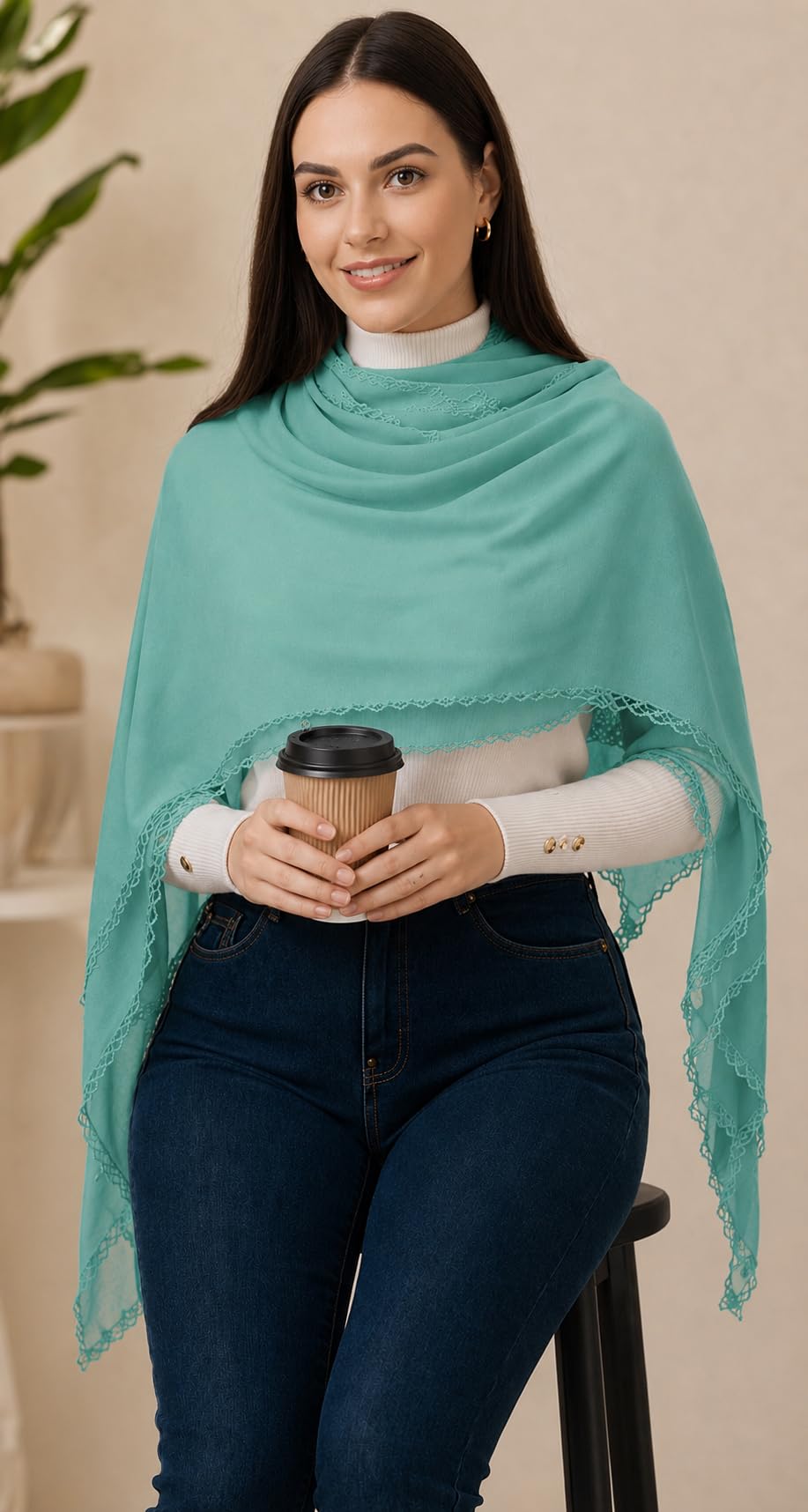 Ravaiyaa Women Solid Chiffon Scarves With Lace Border | Women Lightweight Breathable Solid Color Soft Chiffon Long Fashion Scarves Sun-proof Shawls Wrap (Turquoise)