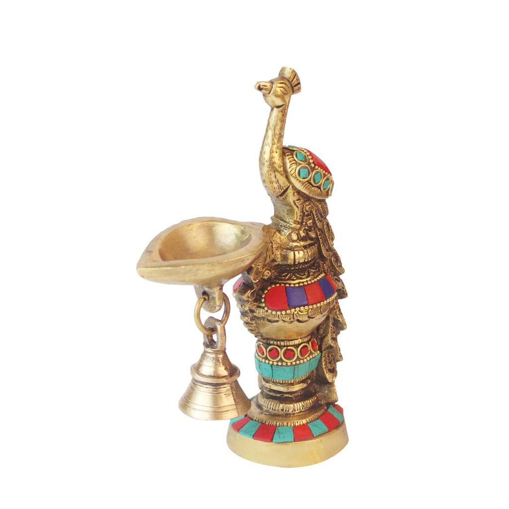 SVARUP Brass Ethnic Carved Peacock Design Brass Diya with Bell, Brass Antique Oil Lamp, Brass Diyas for Home.