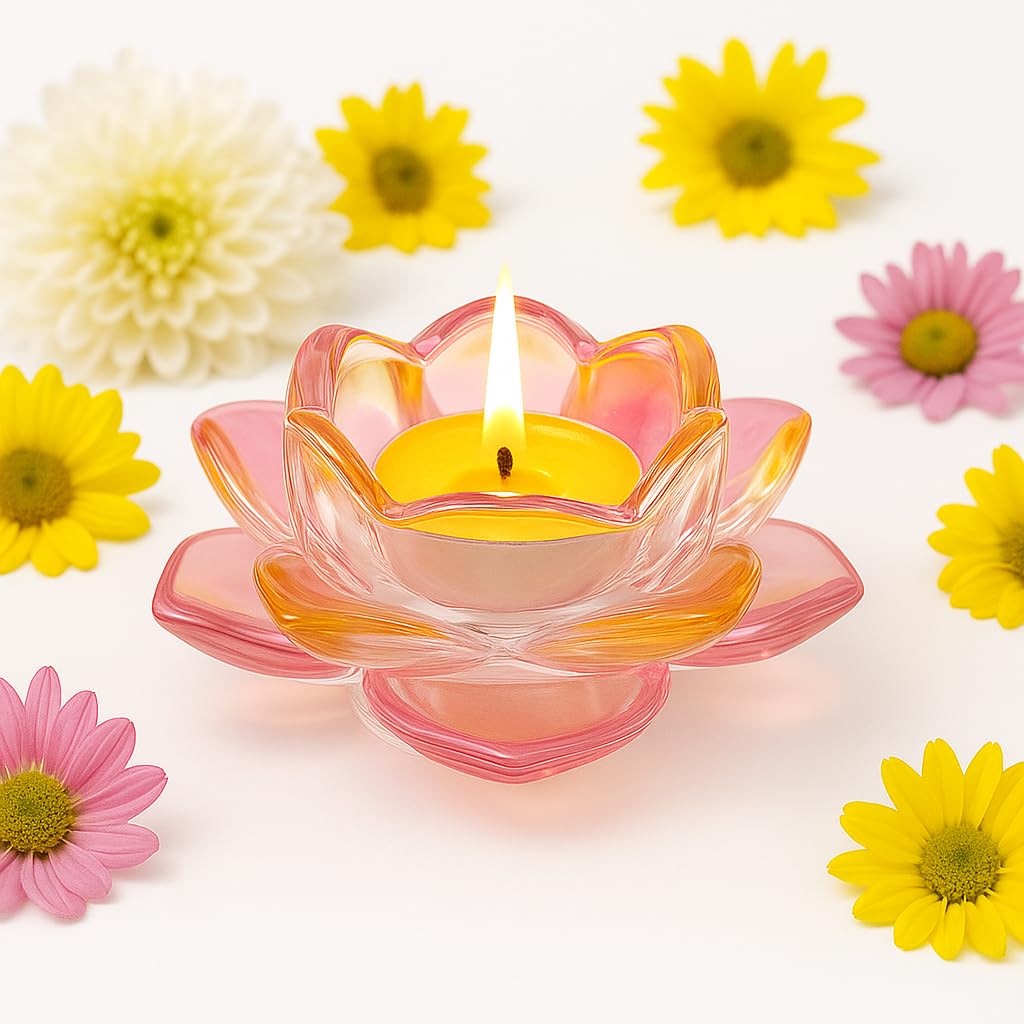 SHIKSHA PATRI Elegant Crystal Lotus Flower Tealight Holder – Premium Glass Candle Stand for Diwali, Christmas, Weddings & Home Decoration(Pack of 1) (Pink)