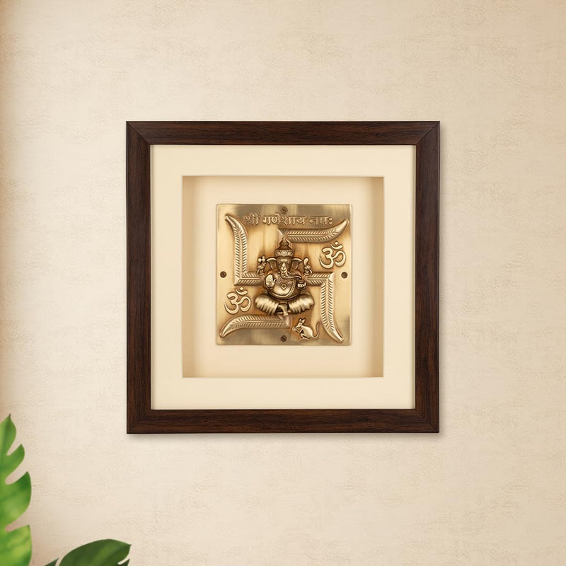 Shilpkala Brass Swastik Ganesh Wall Art (34 x 34 cm) - Pure Brass Wall Hanging for Home Decor, Living Room, Pooja Room & Office, Premium Gift for Festivals & Housewarming, Rectangular Frame (Cream)