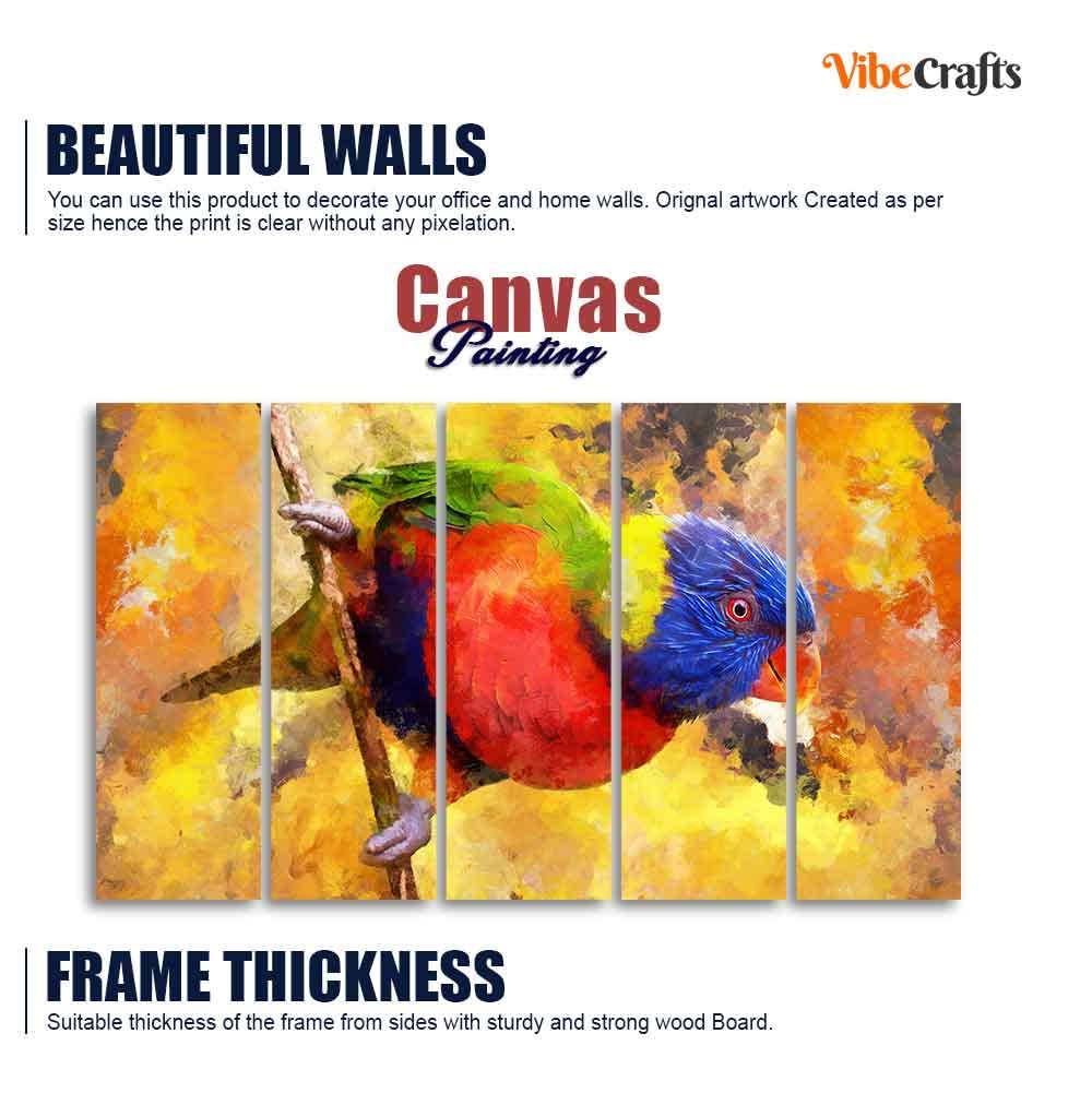 VIBECRAFTS Colorful Parrot Abstract Art Canvas wall Painting of Five Pieces For Home|Office|Living Room|Gift (PTVC5Pcs4_8661)