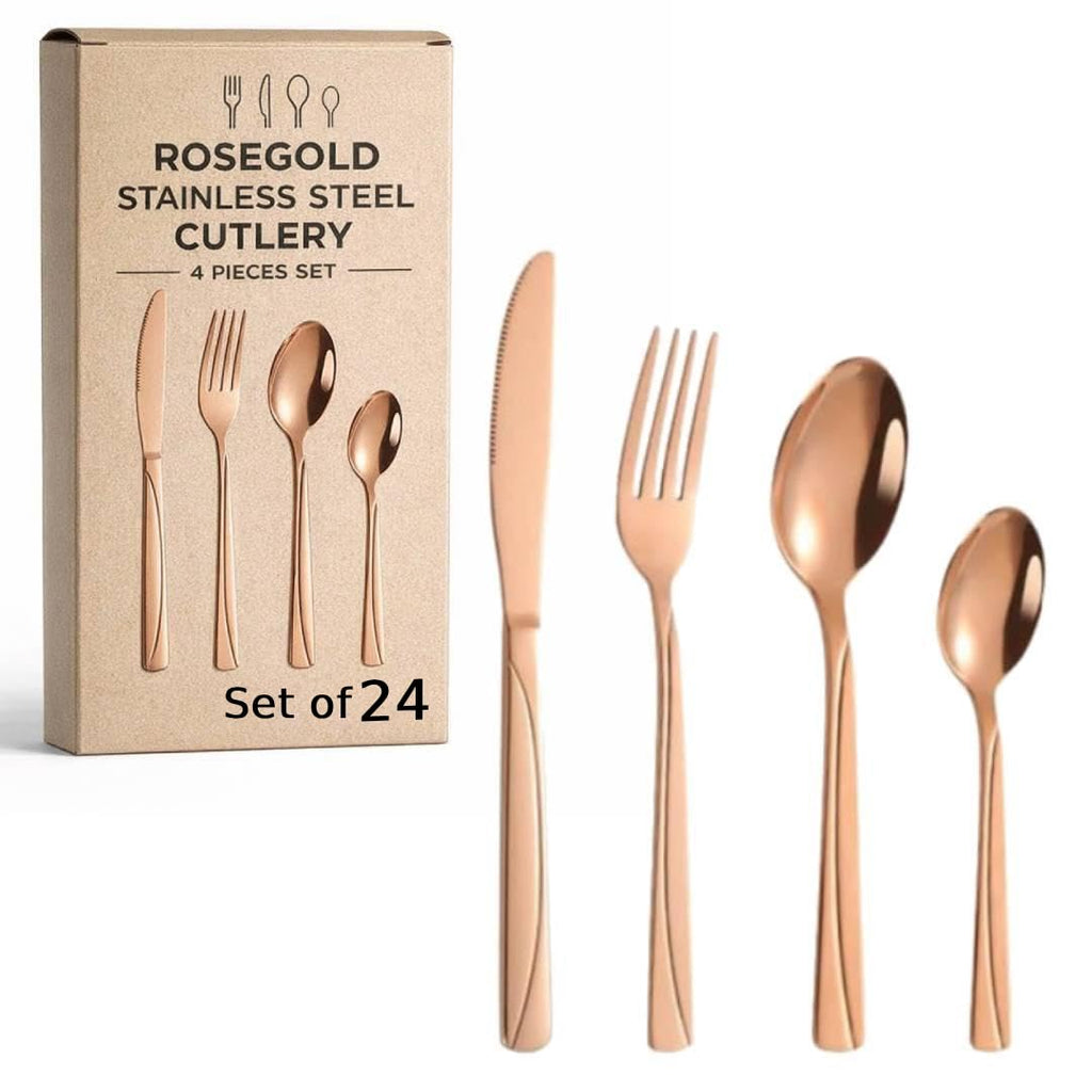 ANH MART Mirror Finish Plated Stainless Steel Flatware Set Copper Silverware Set Spoon Color Cutlery Set [Dinner Fork-Tea Spoon-Salad Spoon-Knife] Set of (Rose Gold LINEING, 24)