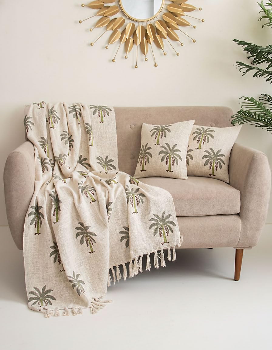DMAASA Handwoven Cotton Sofa Throw Blanket 50x70 Inch with 2 pcs Cushion Covers 16x16 Inches Beige (Pack of 3, Palm Tree) Kafalo