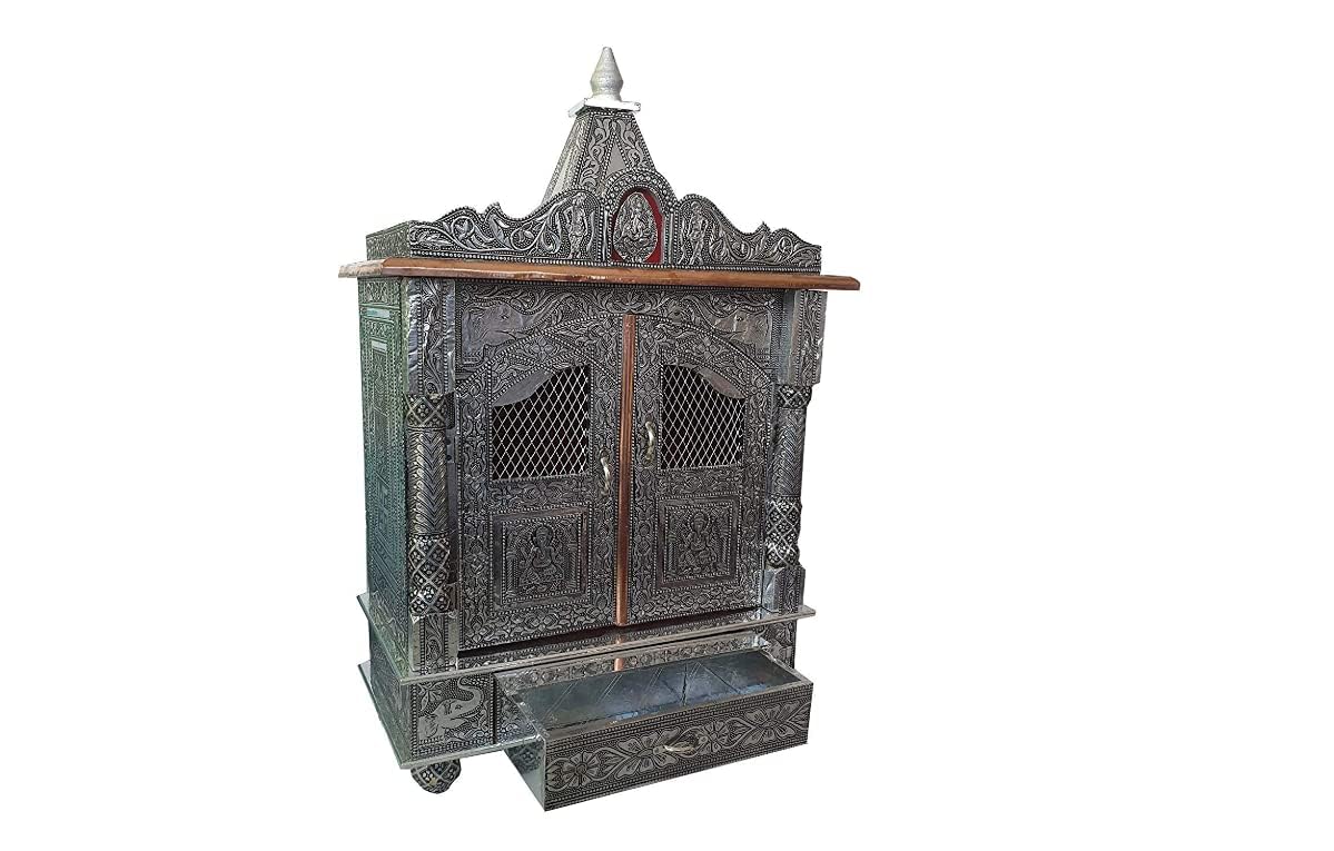 Suhanika Crafters Handcrafted Wooden Mandir with Aluminium & Copper Oxidized Finish | Wall Mounted Pooja Mandir for Home | Decorative Home Temple | Silver & Bronze Finish | 20 x 6 x 10 Inch