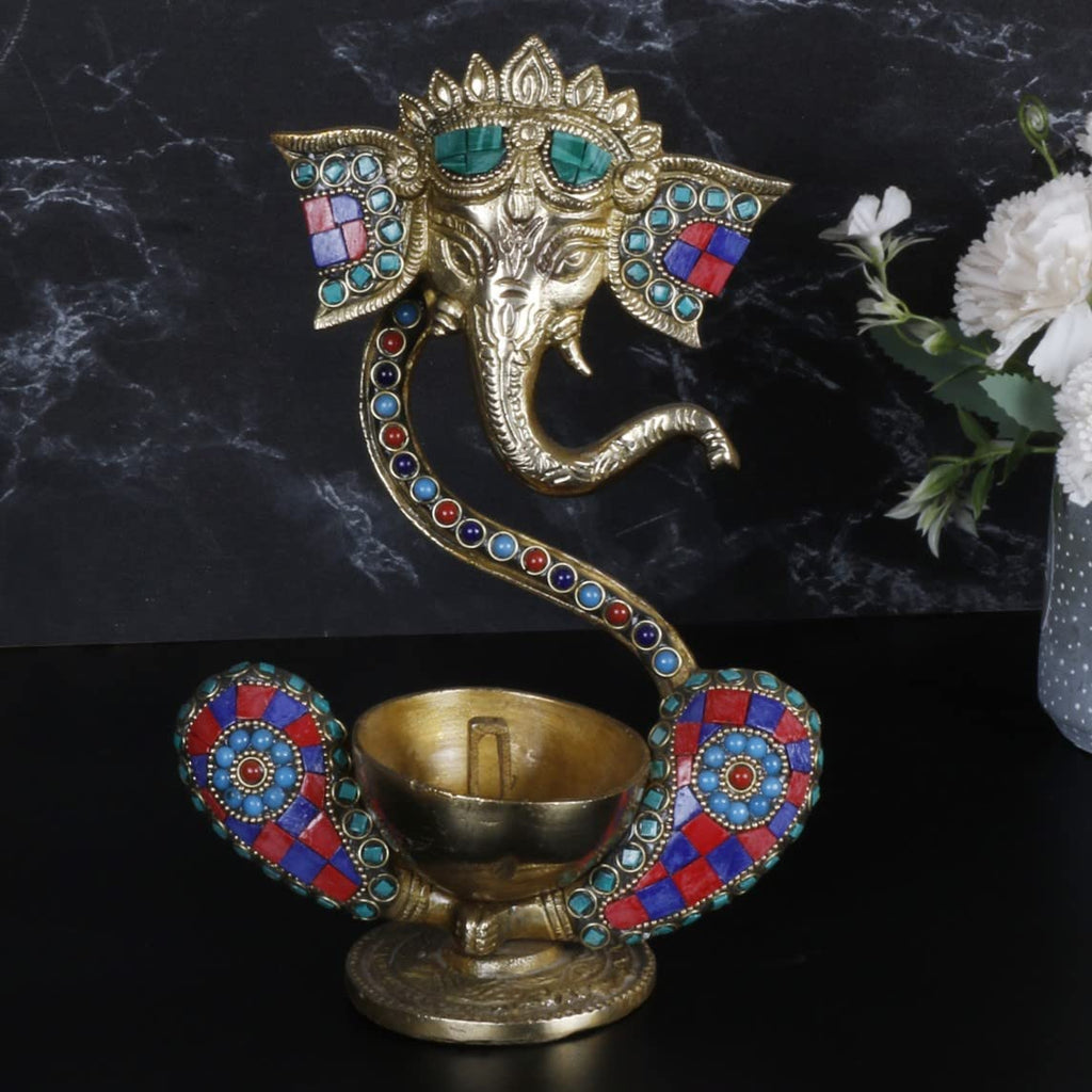 ARTVARKO Brass Ganesha Ganesh Diya Stand Incense Burner and Diya Jyoti Deepak Oil Lamp Diwali Gift Tealight Loban Holder Aarti Stand for Home Office Temple Puja 8.5 Inch