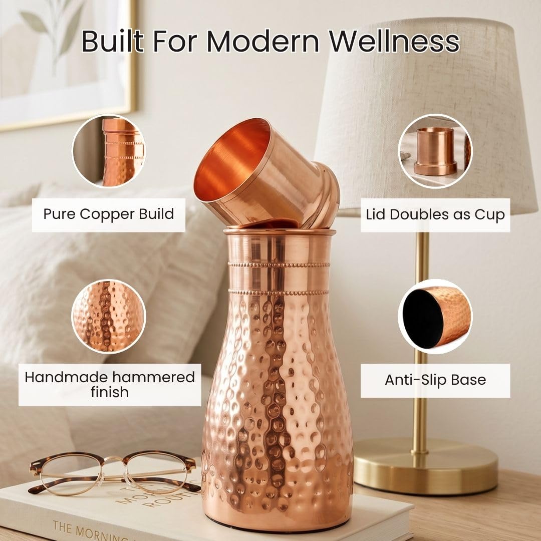 Hammered Copper Bedside Pot | Pure Copper Water Vessel (Bedside Double)