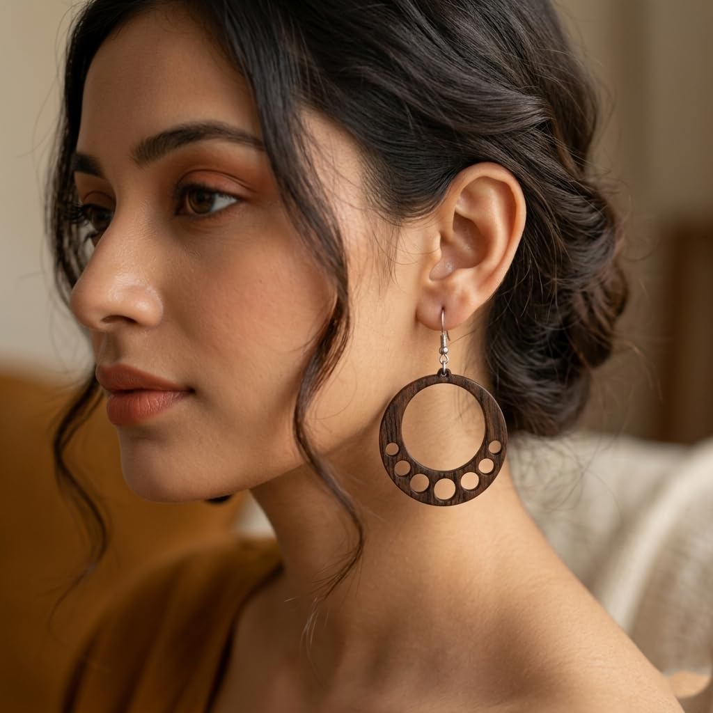 Taranam Handcrafted Wood Circle Hoop Earrings for Women – Laser Cut Cutout Boho Dangle Drop | Lightweight Natural | Bohemian Ethnic Geometric Handmade Jewelry Gift Her