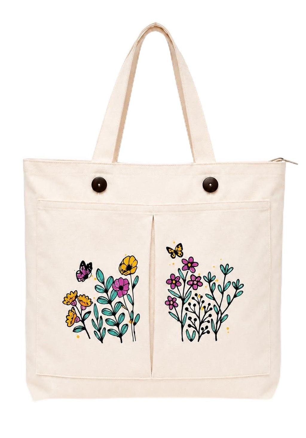 Supadaa Large Canvas Tote Bag For Women With Zipper Premium Cotton Shoulder Handbag Reusable Shopping Office College Travel Beach Grocery Bag (Pocket)