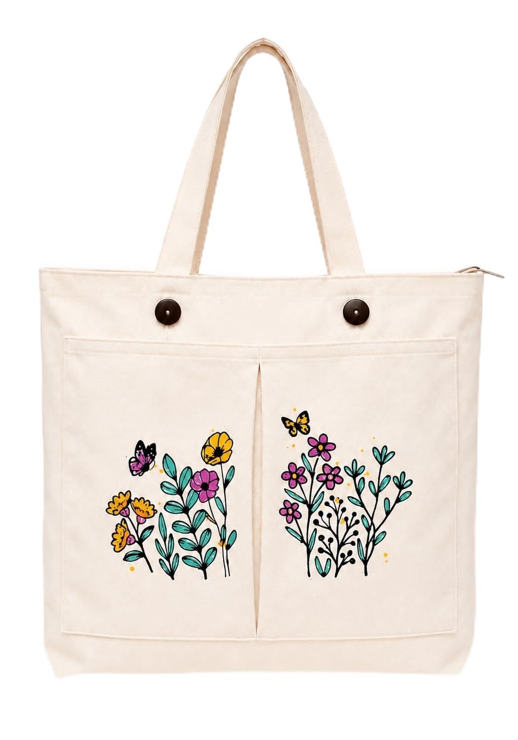 Supadaa Large Canvas Tote Bag For Women With Zipper Premium Cotton Shoulder Handbag Reusable Shopping Office College Travel Beach Grocery Bag (Pocket)