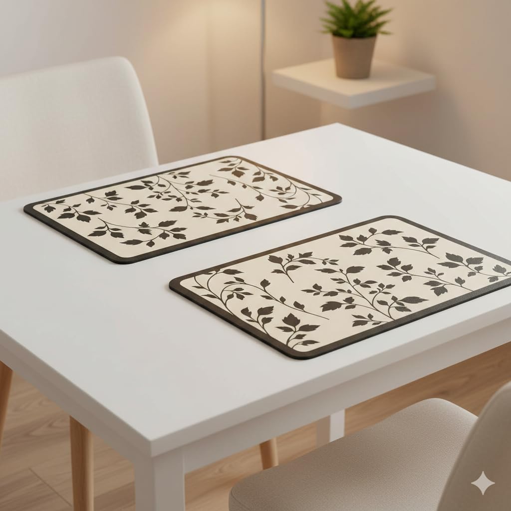 YELONA Leather Dining Table Placemats Set of 2 – Waterproof, Heat Resistant, Anti-Slip, Easy to Clean Table Mats for Dining Table, Kitchen & Home Décor (Black Botanical, 40 x 30 cm) Kafalo