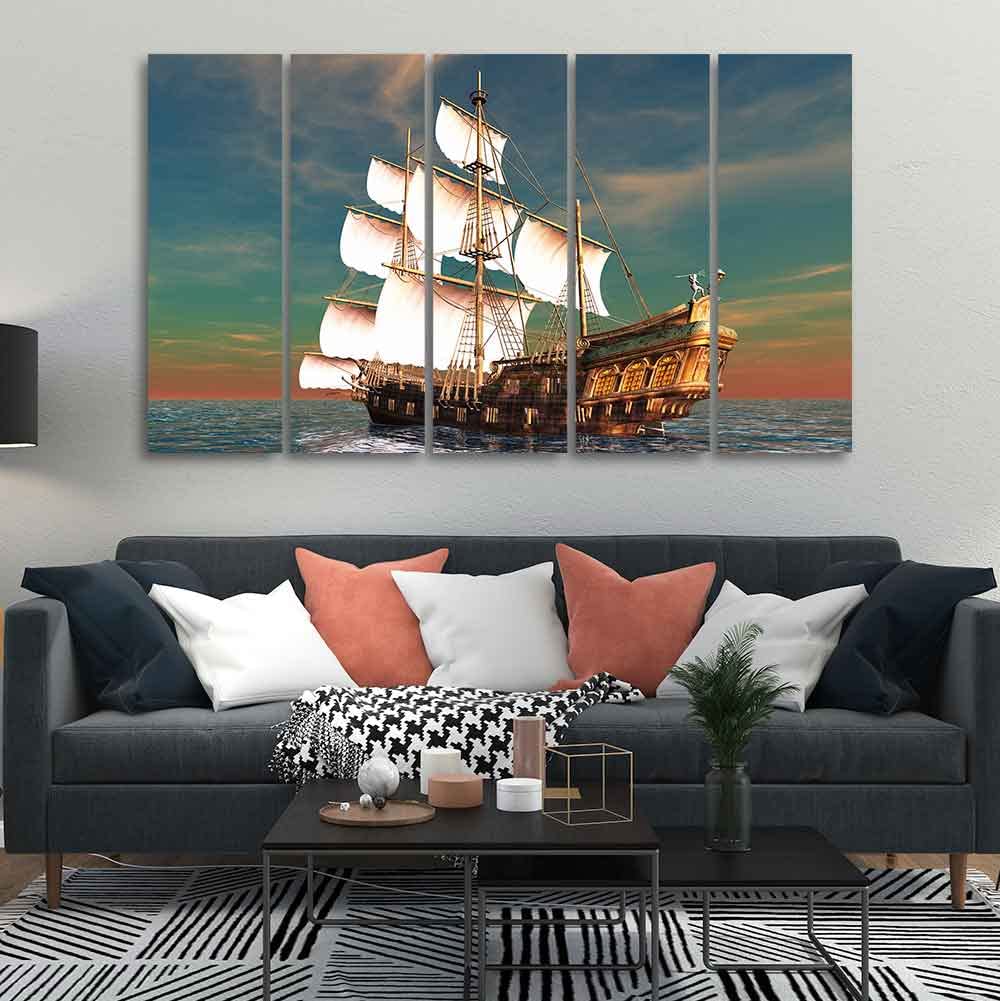VIBECRAFTS Premium Wall Painting of Ship on the Ocean Five Pieces For Home|Office|Living Room|Gift (PTVC5Pcs4_8610)