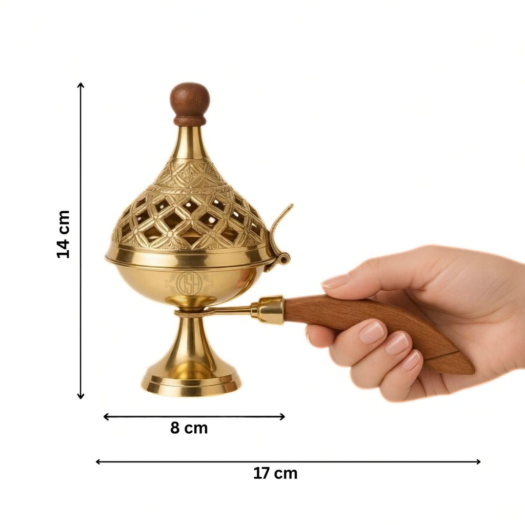 DSH Brass Loban Burner Home Purifying Dhoop Dani Bakhoor Holder Table Incense Burner with Wooden Handle for Home Decoration
