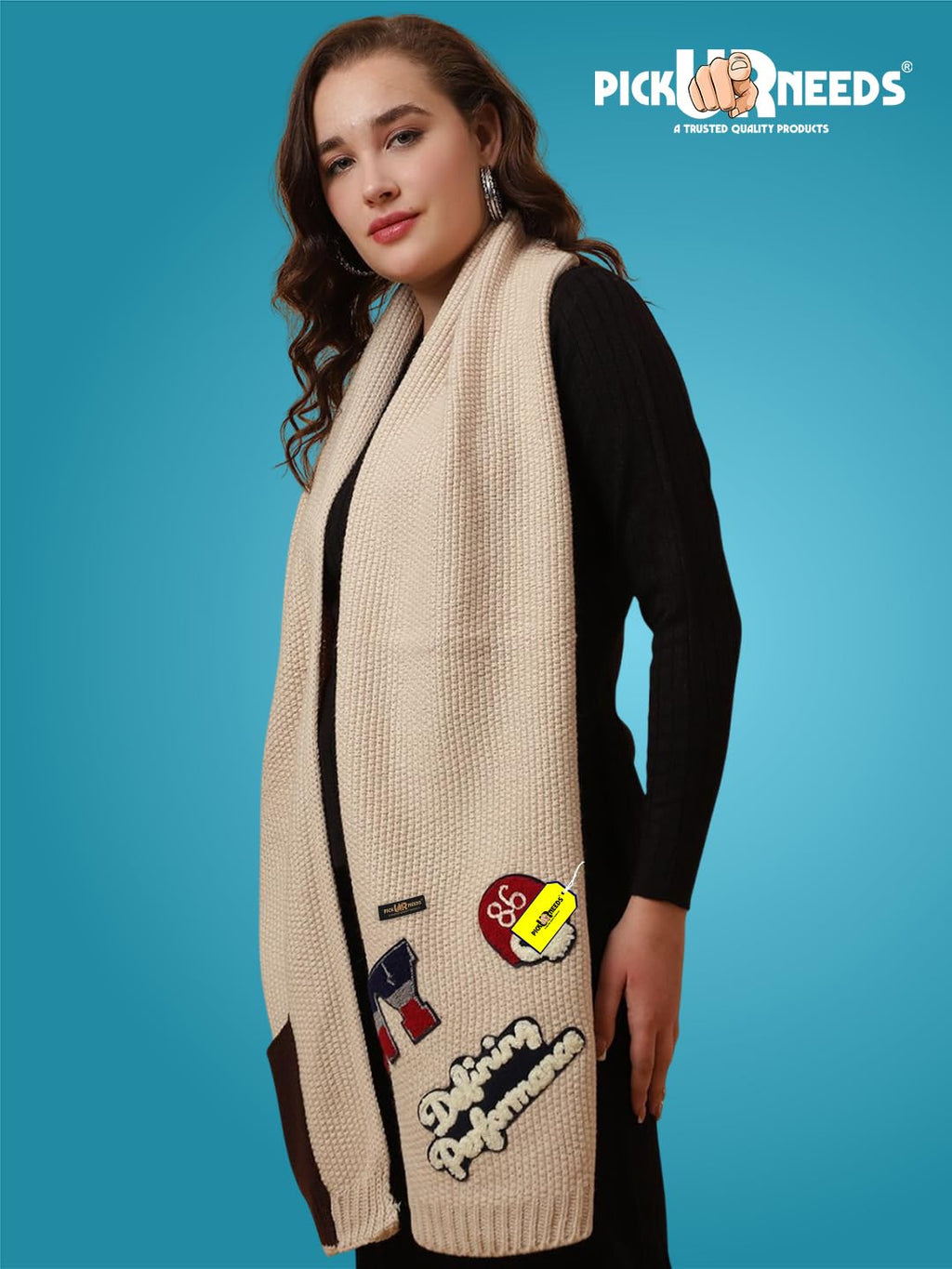 Pick Ur Needs Women Winter Woolen Muffler with Trendy Patch Design Soft Warm Knitted Scarf for Girls & Ladies Stylish Casual Mufflers (Cream)