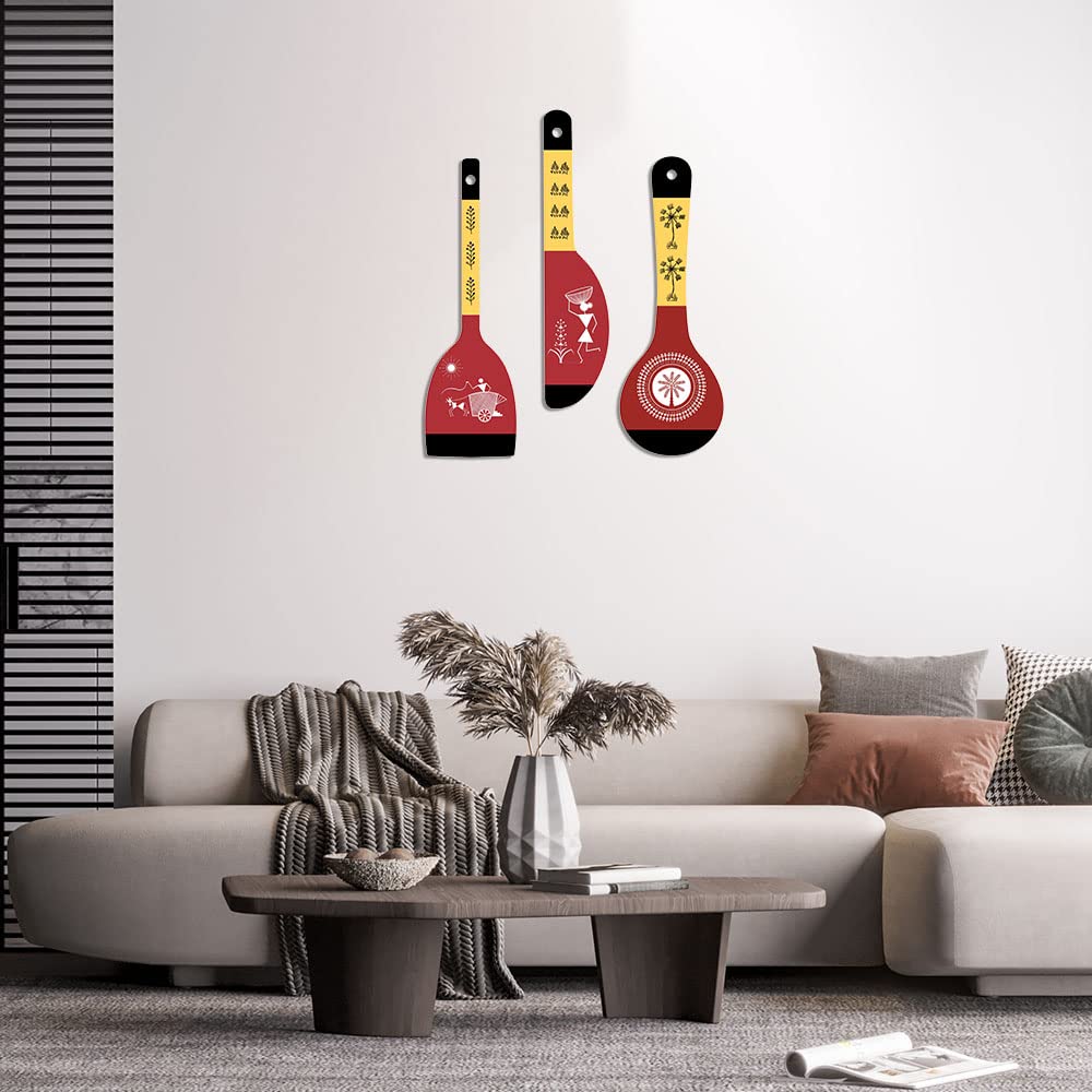 Artvibes Warli Art Wooden Wall Hanger for Home | Office | Living Room | Gift | Modern Decoration Items | Kitchen Wall Decor | Home Decor Hanging Items (WH_5016NN), Set of 3