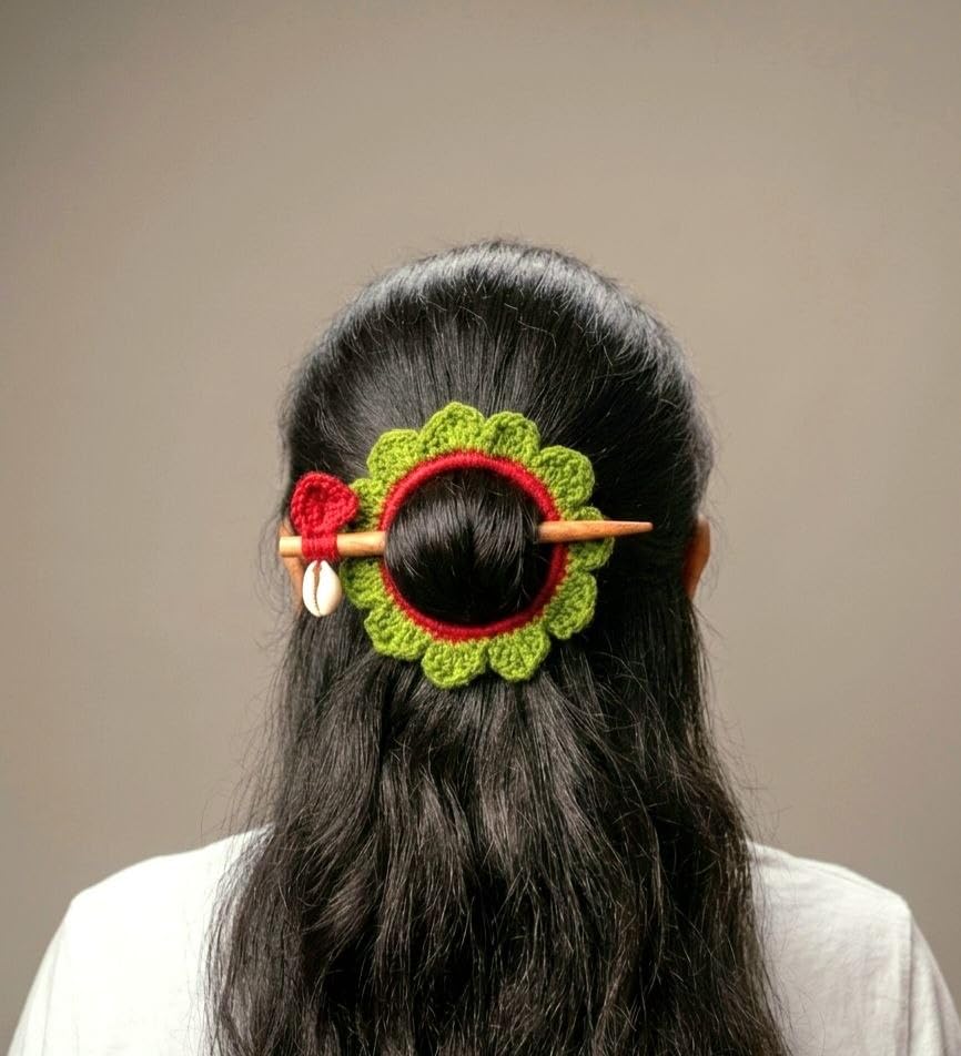 Handmade Crochet Flower Hair Bun Holder with Wooden Stick Pin, Green Floral Hair Accessory