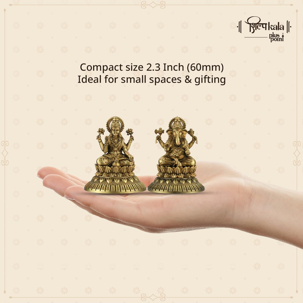 Shilpkala 2.3 Inch Antique Brass Lakshmi & Ganesh Ji Brass Idol - Ultra-Fine Detailing Brass Statue for Temple, Home Decoration, Office Desk Decor, Pooja Room, Meditation & Worship, (Coffee Antique)
