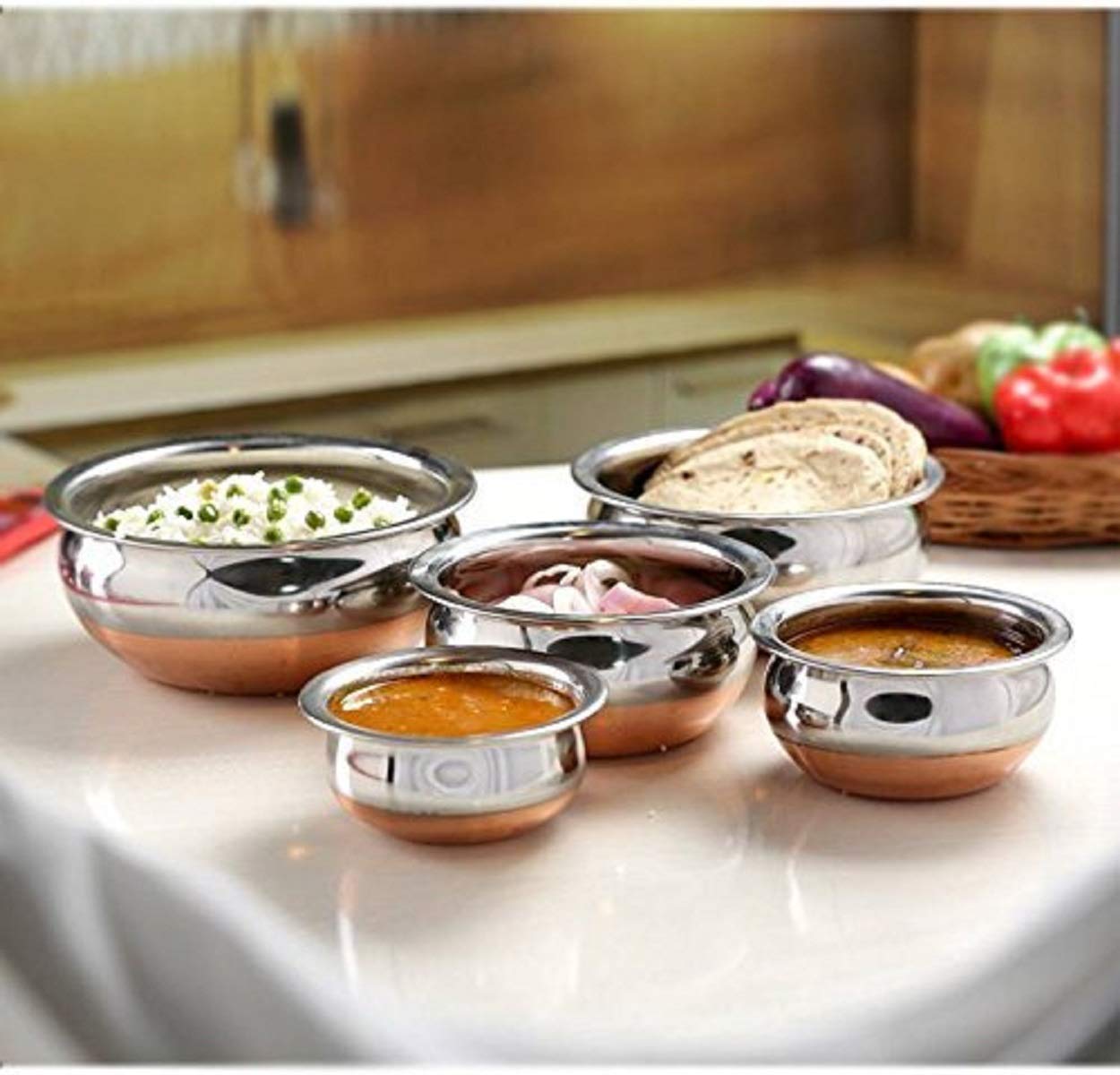 GlamourShop Stainless Steel Copper Base Serving Bowls Handi Set of 5 Pieces, Handi Set with Serving Bowl Set/Cookware Set/Sauce Pot and Handis (5 Handi Without Lid's)