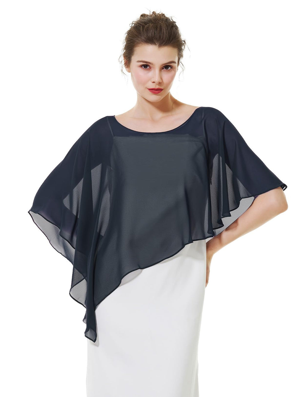 BEAUTELICATE Asymmetrical Capelets Chiffon Capes Wedding Bridal Shawls Wraps For Women Evening Dress, Navy Blue, One Size
