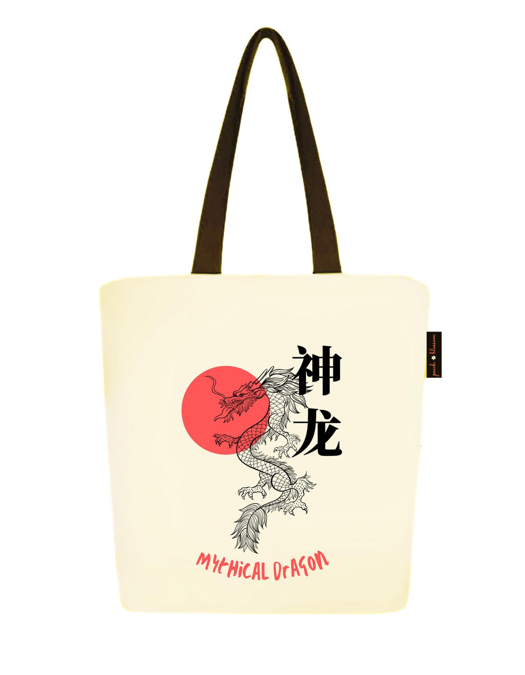 Peach Blossom Van Gogh Printed Tote Bag for Women with Zip, Stylish Cotton Handbags, Canvas Tote Bags for College (WHITE_MYTHICAL DRAGAN)
