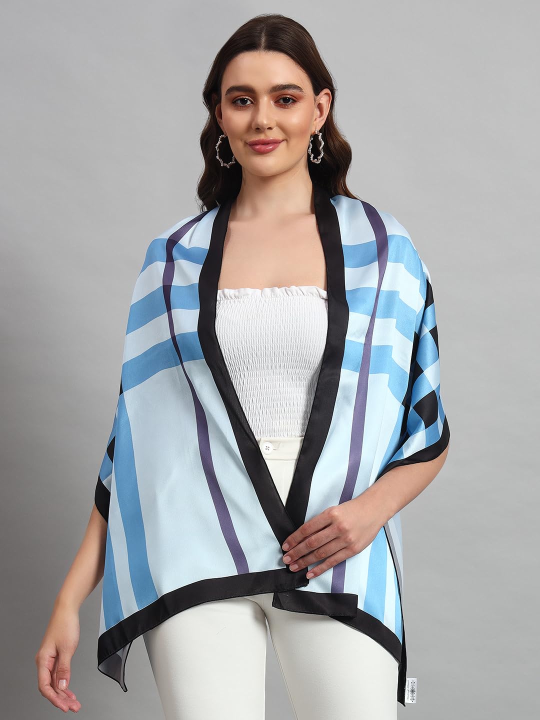 Ravaiyaa - Attitude is everything Women Lightweight Printed 100% Satin Silk Scarf Stoles Breathable Neckerchief Head Beach Wrap Scarves (Turquoise Blue Striped, 70 x 20 Inch)
