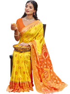 SUTRITI STYLE SOUL Pochampally Silk Saree for Women with Ikat Design, Printed Pallu, Traditional Soft Silk with Blouse Piece, Festive Wedding Ethnic Sari (Yellow)