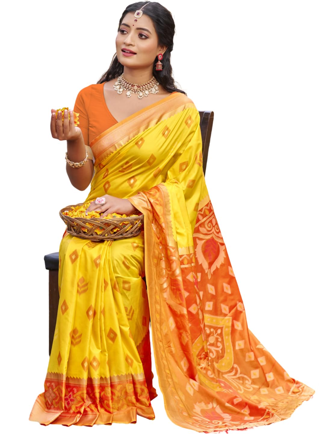 SUTRITI STYLE SOUL Pochampally Silk Saree for Women with Ikat Design, Printed Pallu, Traditional Soft Silk with Blouse Piece, Festive Wedding Ethnic Sari (Yellow)