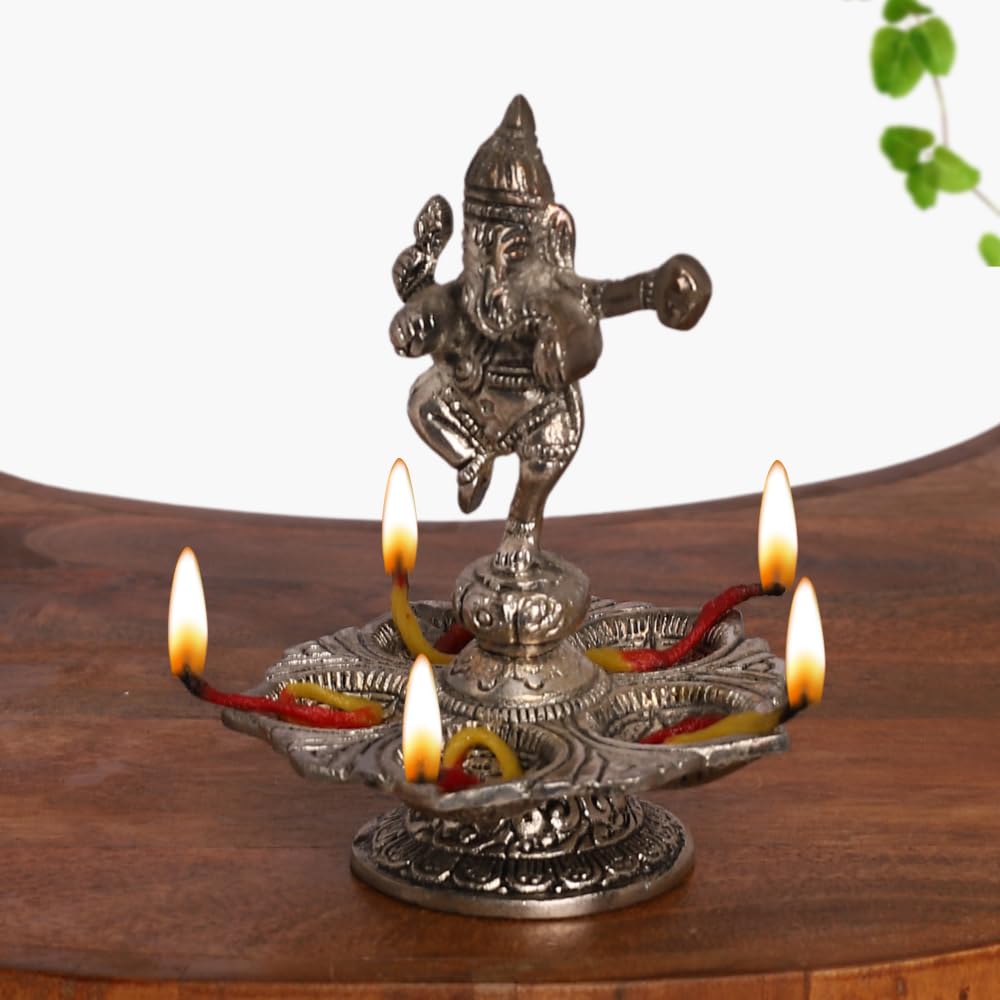 INTERNATIONAL GIFT Silver Plated Dancing Lord Ganesha Idol with Diya – Showpiece for Mandir, Pooja & Home Décor