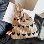 Kawn® Premium Knitted Heart Pattern Tote Bag Large Stylish and Durable Trendy bag for Everyday Use Beach Shopping Travel Work – Comfortable and Trendy Design (Khaki)