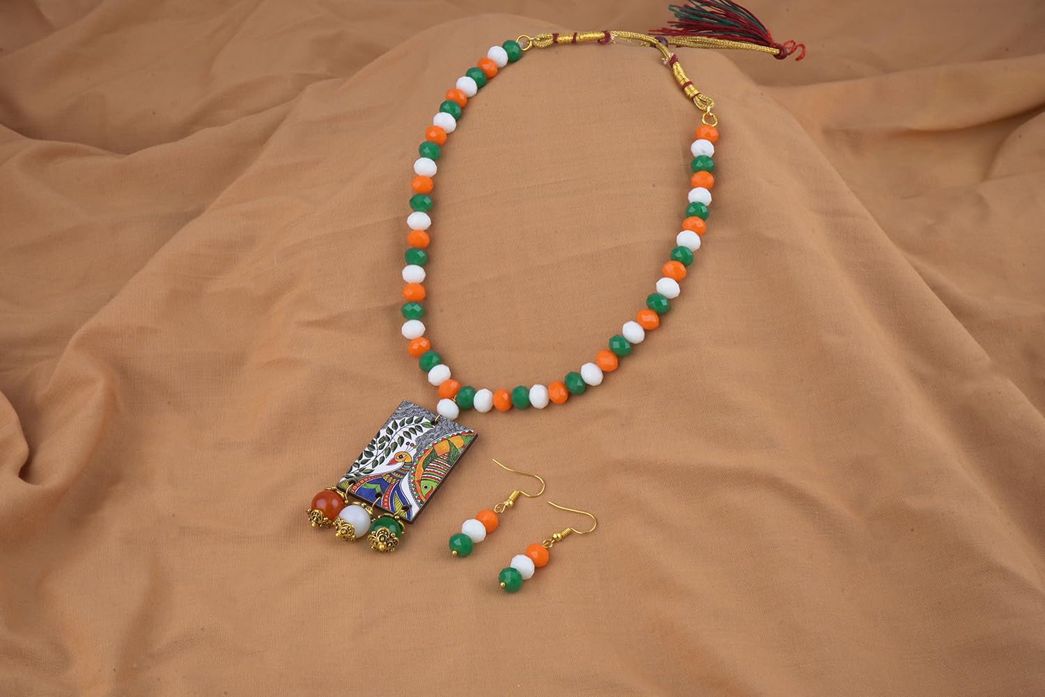 JFL - Jewellery for Less Traditional Tri Color Necklace set with Peacock Pendant & Bracelet Handmade Fashion Jewellery for Independence Day/Republic Day Women & Girls