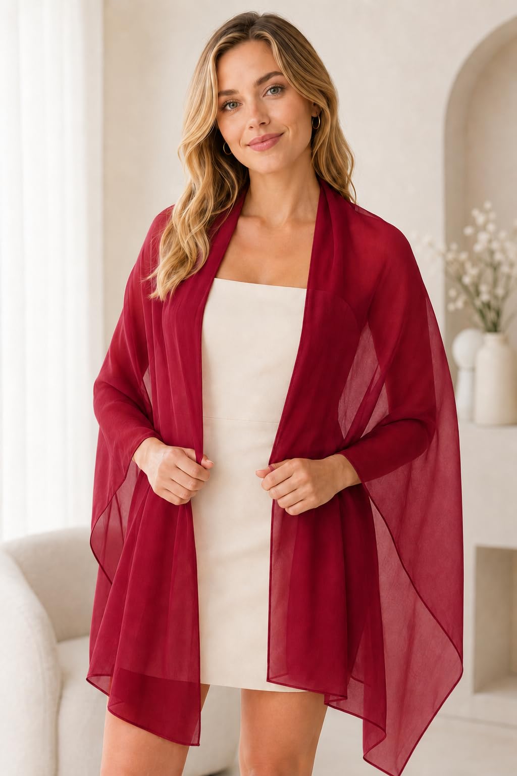 YOUR SMILE for Women Lightweight Breathable Solid Color Soft Chiffon Long Fashion Scarves Sun-proof Shawls Wrap, Wine Red, 27''x70''