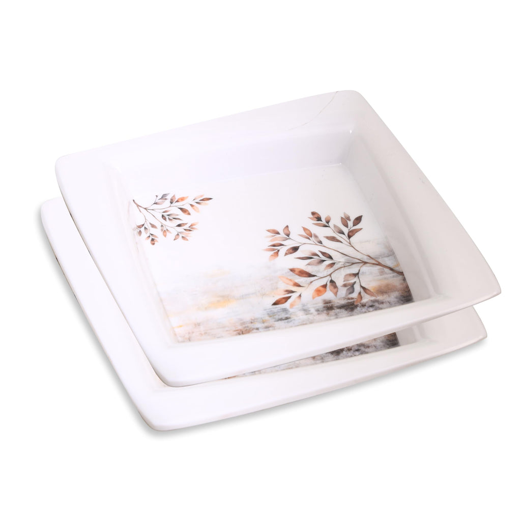 Golden Fish Melamine Square Halwa Plate, Pack of 4, White Copper and Blue, 3D Floral Design, 7 Inches, Matte Finish, Reusable Serving Plate for Snacks and Dessert