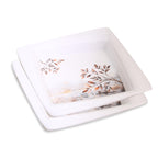 Golden Fish Melamine Square Halwa Plate, Pack of 4, White Copper and Blue, 3D Floral Design, 7 Inches, Matte Finish, Reusable Serving Plate for Snacks and Dessert