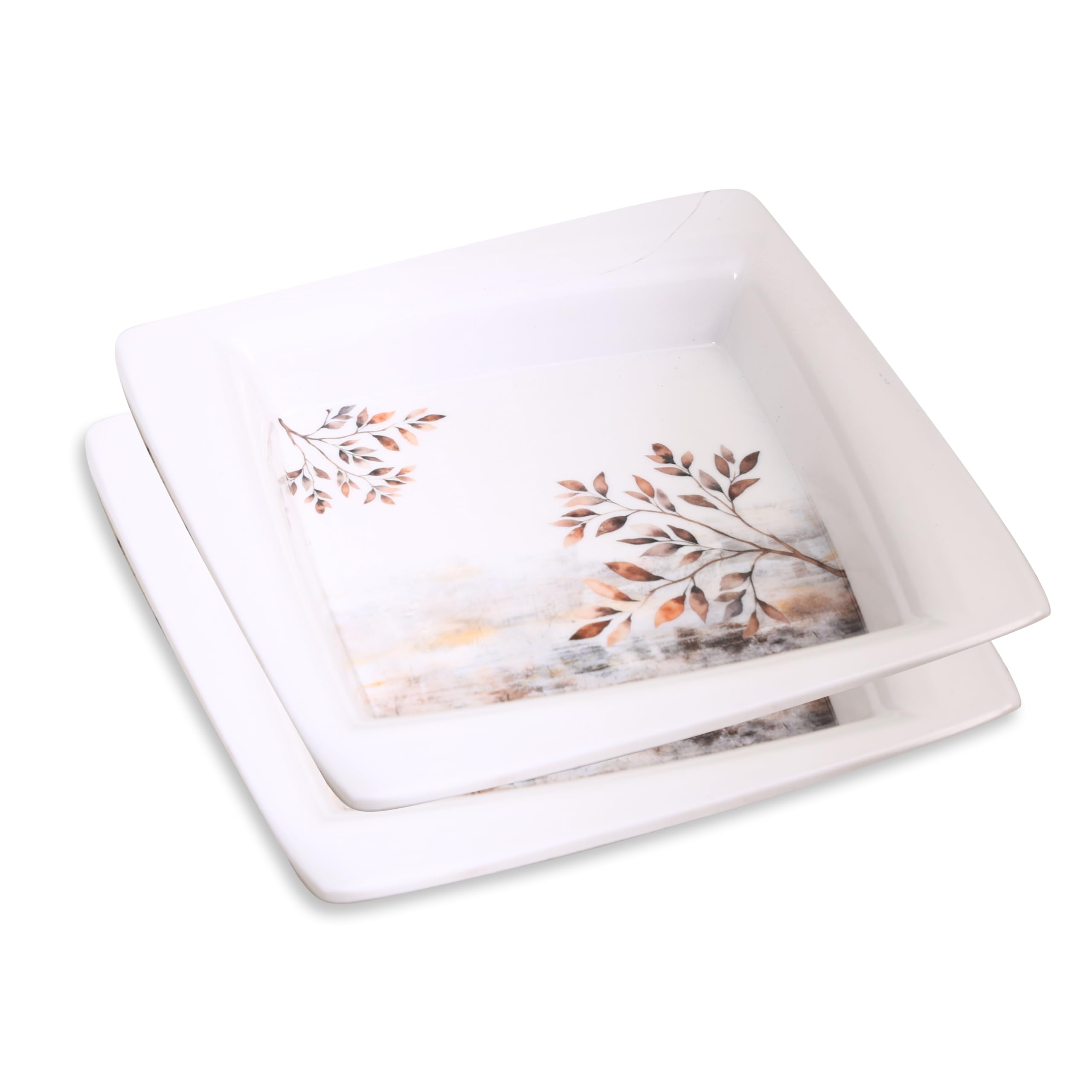 Golden Fish Melamine Square Halwa Plate, Pack of 4, White Copper and Blue, 3D Floral Design, 7 Inches, Matte Finish, Reusable Serving Plate for Snacks and Dessert