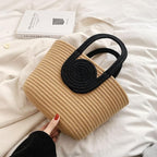 DYARCHY Handmade Crochet Tote Bag with Circular Handle, Beige and Black, 25 cm x 15 cm (BEIGE BLACK)