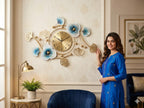 Mahira Artefacts Large Metal Wall Clock with Ginkgo Biloba Floral Art Decor, Modern Style, Golden and Blue, for Living Room, Bedroom, Office