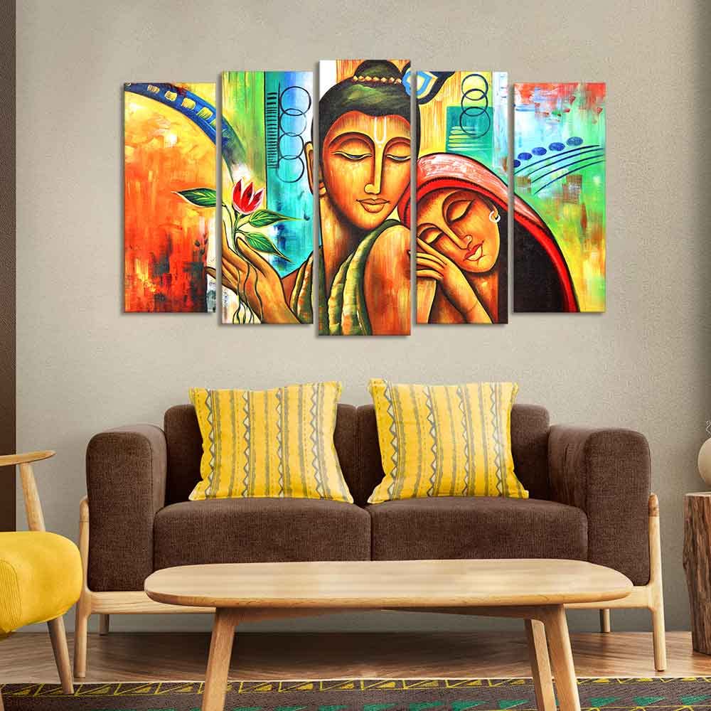 VIBECRAFTS Five Pieces Set Wall Painting of Radha Krishna For Home|Office|Living Room|Gift (PTVC5Pcs2_6576)