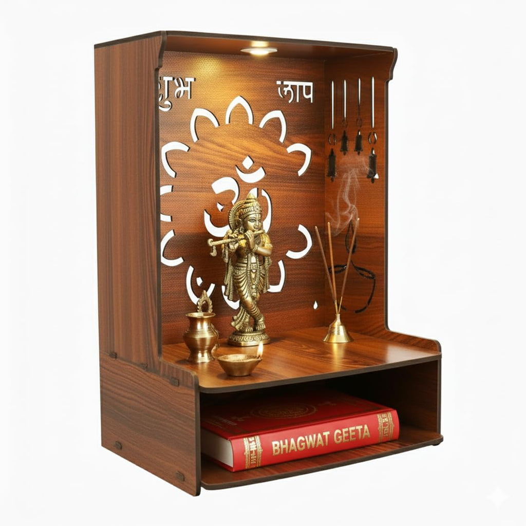 GOJEEVA KRAFT Royal Walnut Finish Wooden Pooja Mandir | Wall Mounted Home Temple with LED Lights & Spacious Storage | Premium Handcrafted Puja Unit (37.5 * 29 * 25 CM) (Large) A4