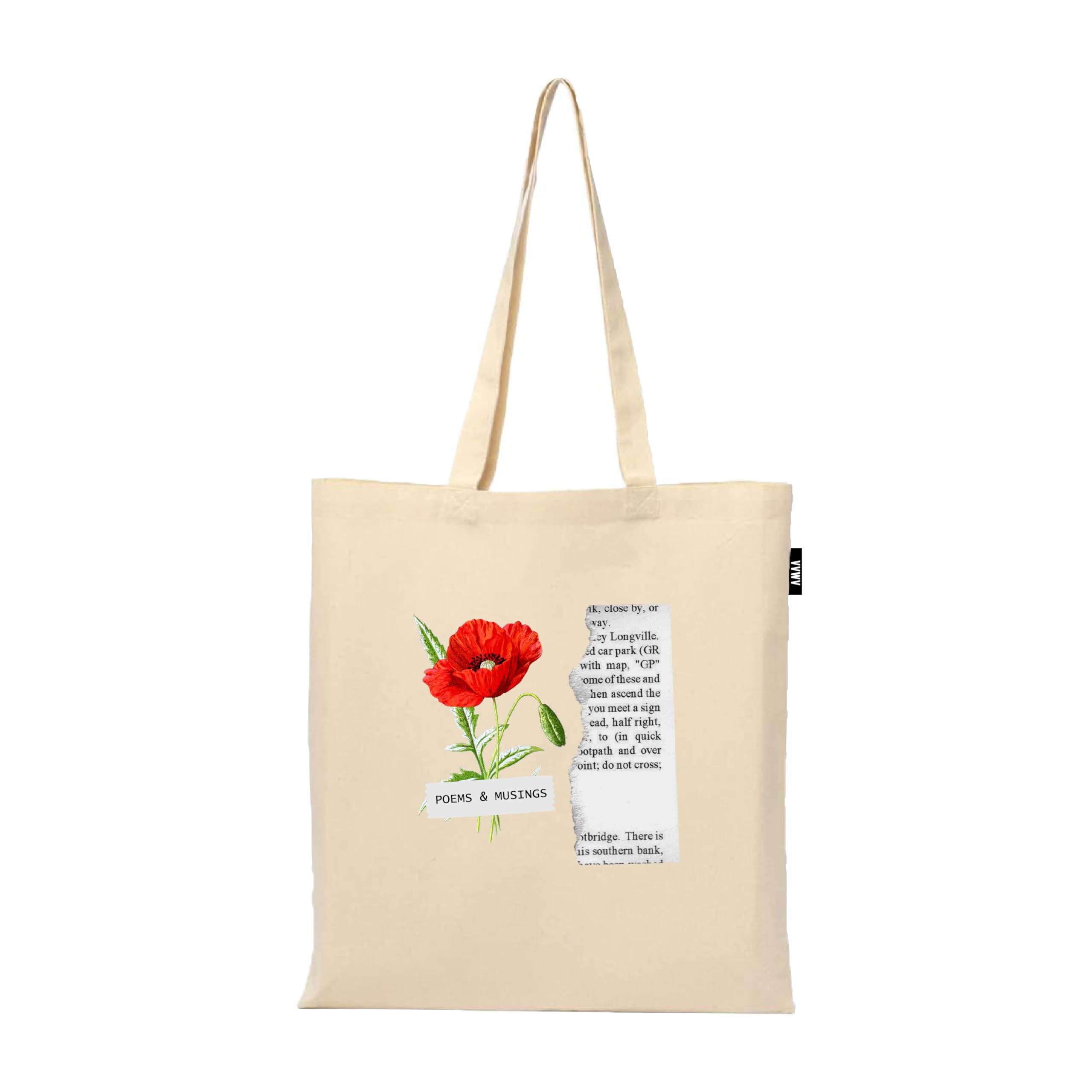 VVWV Vintage Red Flower and Poem Printed Eono Reusable Tote Bags | 100% Organic Cotton Shopping/Grocery Bag | Multi-Purpose Bag | Sturdy Canvas Bag with 15kgs Capacity (13 x 15.7 Inch)