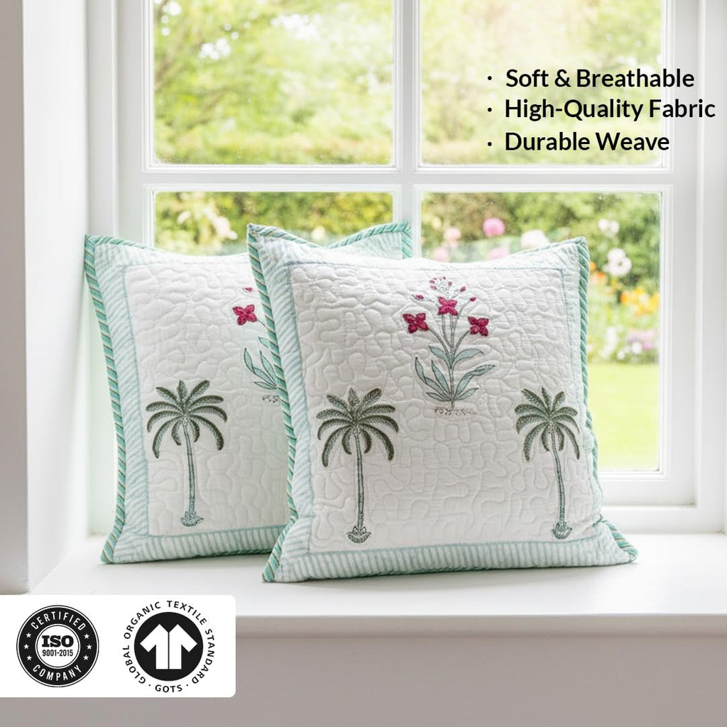 HOMEMONDE Pack Of 2 Floral Hand Block Print Soft Throw Cushion Cover - Green 16 X 16 Inches Quilted Cotton Sofa Pillow Case For Home Decor, 300 TC