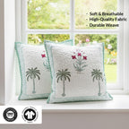 HOMEMONDE Pack Of 2 Floral Hand Block Print Soft Throw Cushion Cover - Green 16 X 16 Inches Quilted Cotton Sofa Pillow Case For Home Decor, 300 TC
