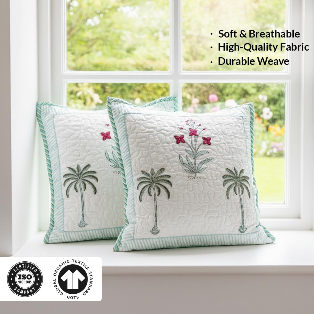 HOMEMONDE Pack Of 2 Floral Hand Block Print Soft Throw Cushion Cover - Green 16 X 16 Inches Quilted Cotton Sofa Pillow Case For Home Decor, 300 TC