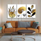 VIBECRAFTS 3 Pieces Golden Botanical Line Art Canvas Wall Painting Fitted With Wooden Frame For Home | Office | Living Room | Gifts(PTVC3Pcs3_11522N)