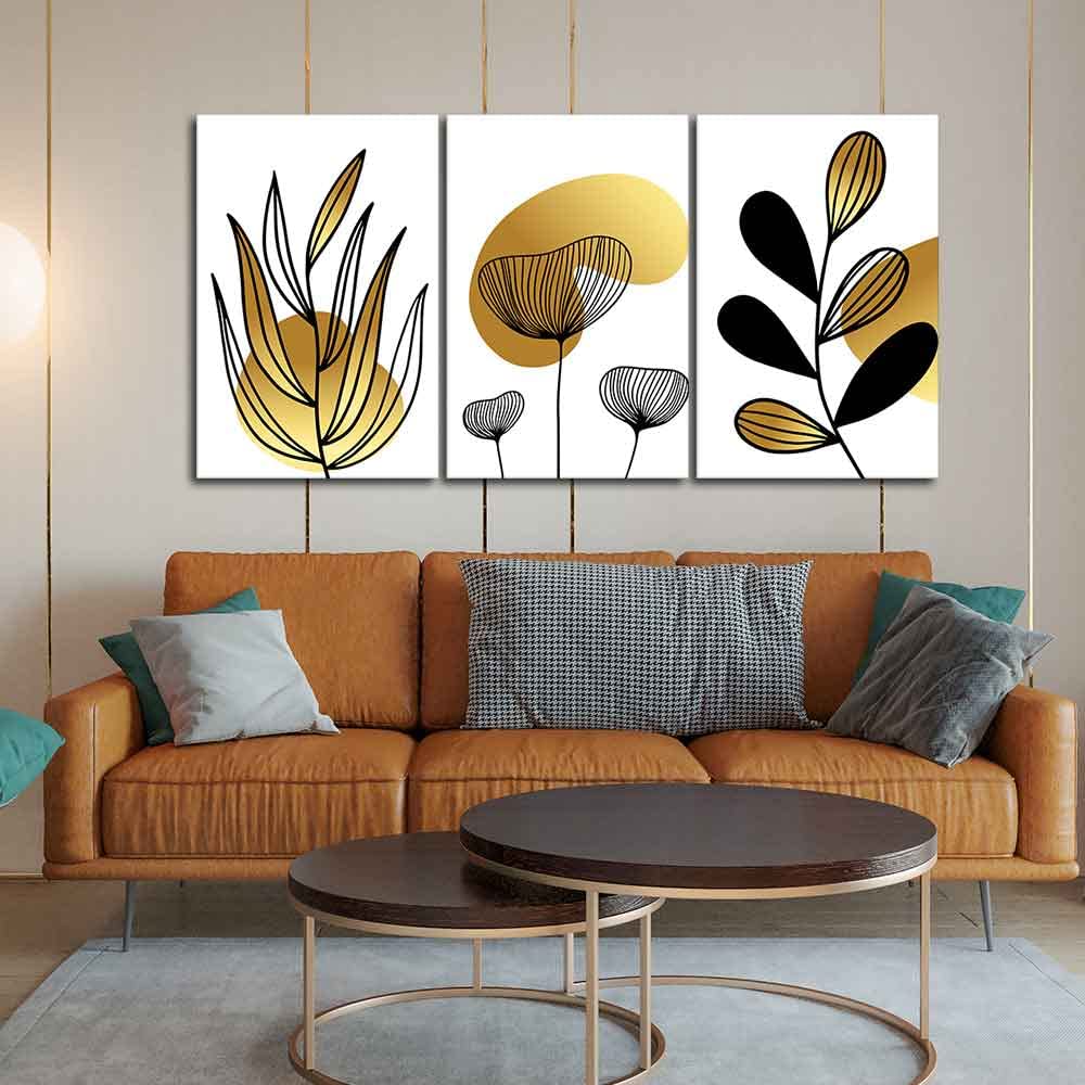 VIBECRAFTS 3 Pieces Golden Botanical Line Art Canvas Wall Painting Fitted With Wooden Frame For Home | Office | Living Room | Gifts(PTVC3Pcs3_11522N)